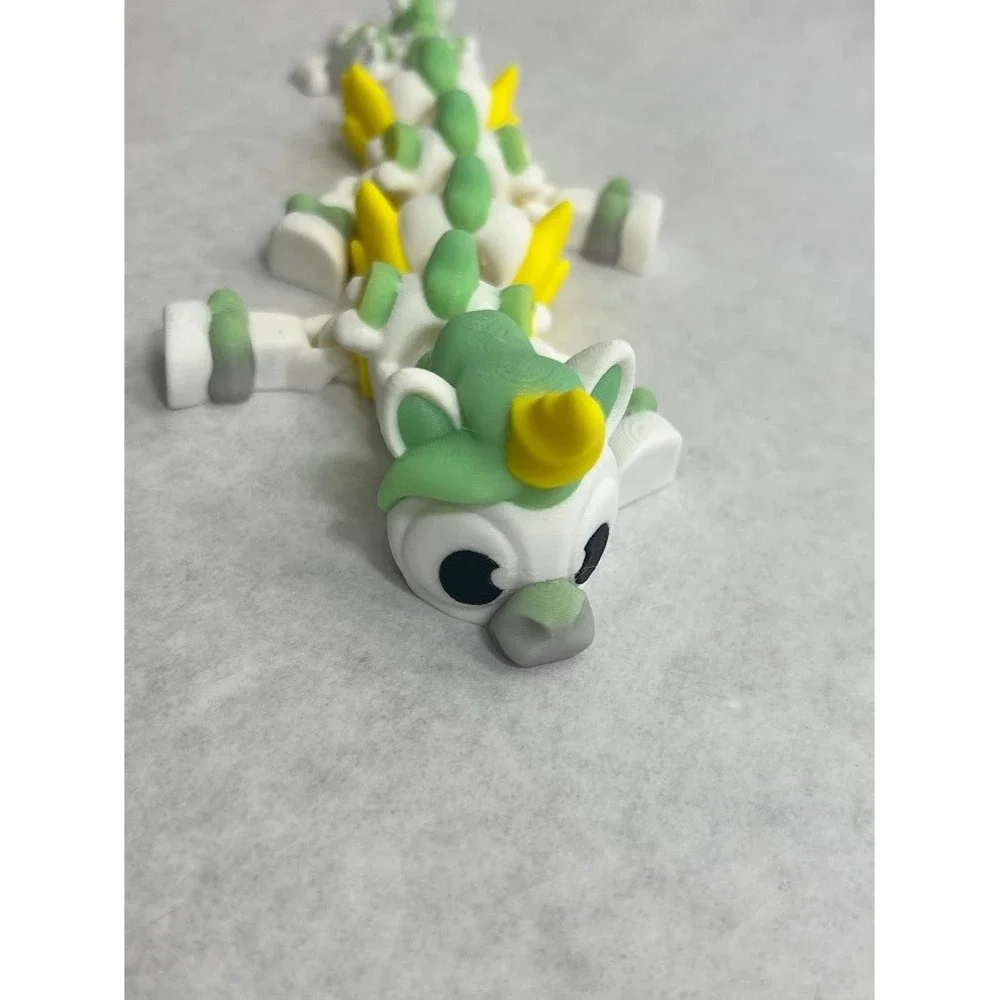 3D Printed Articulated Mini Unicorn Dragon Fidget Toy Green White Yellow 5.5